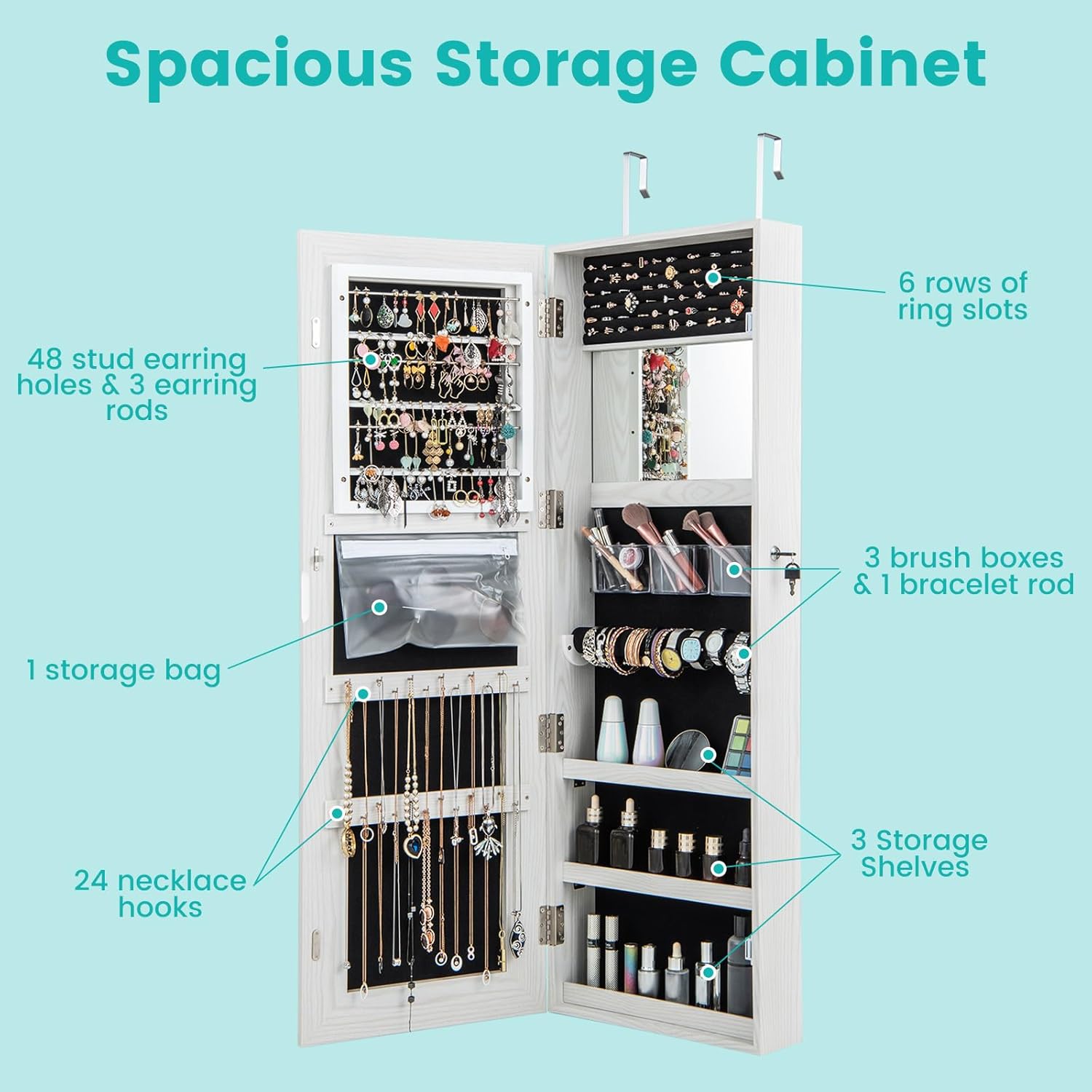 Full-Length Lighted Mirror Jewelry Cabinet with Drawers